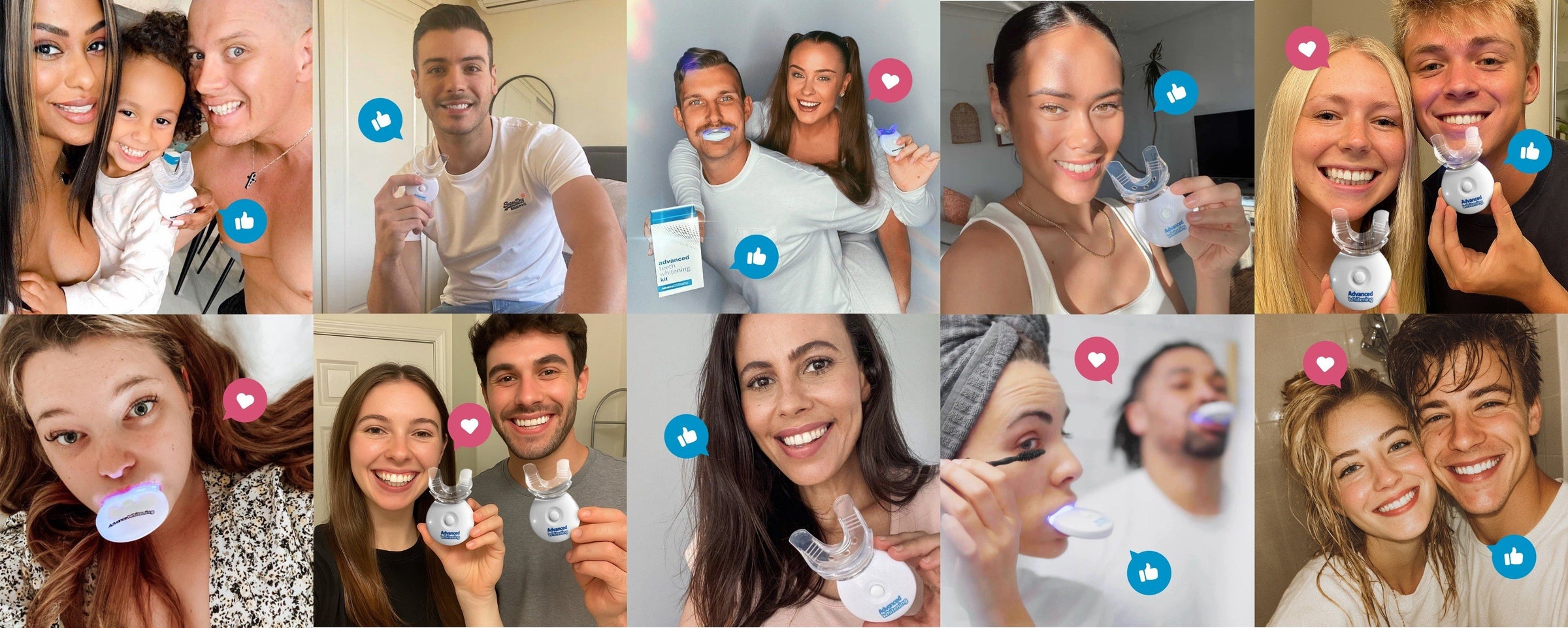 Smiling couples showing off their results from the teeth whitening kit
