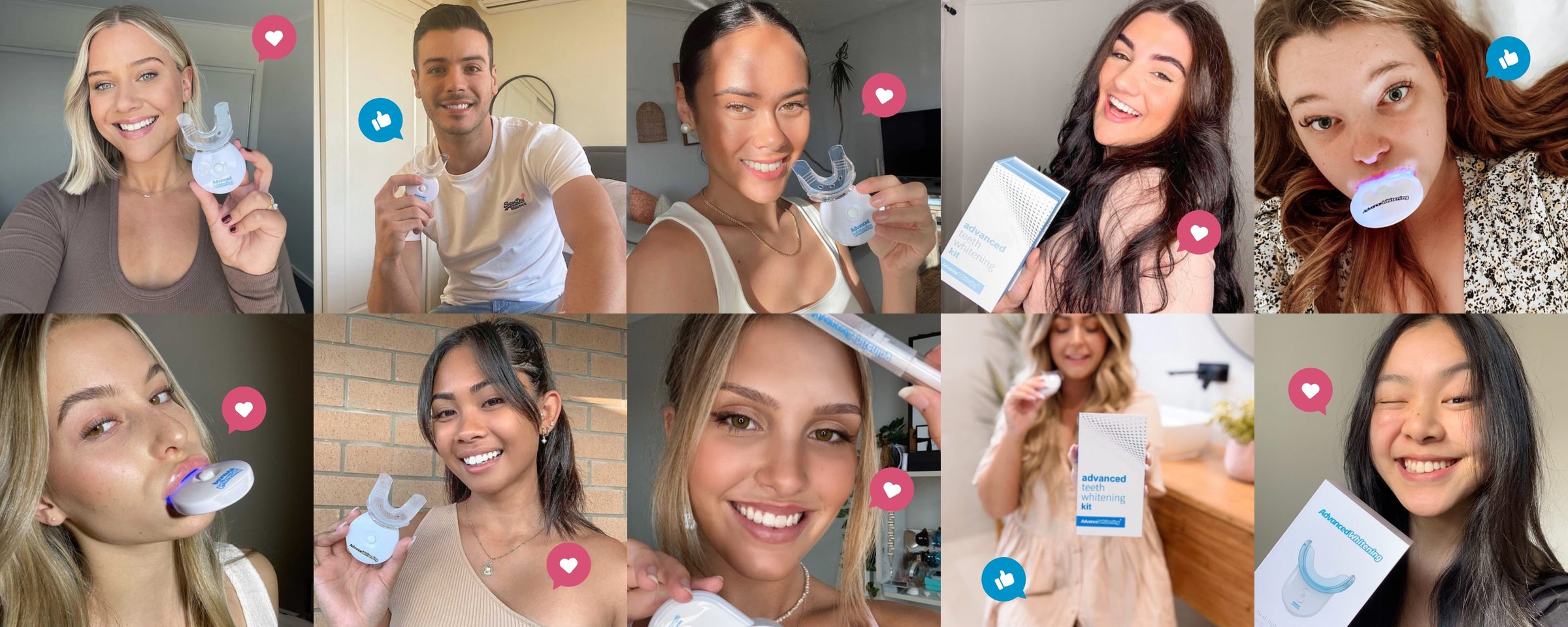 Smiling customers showing off their results from the teeth whitening kit