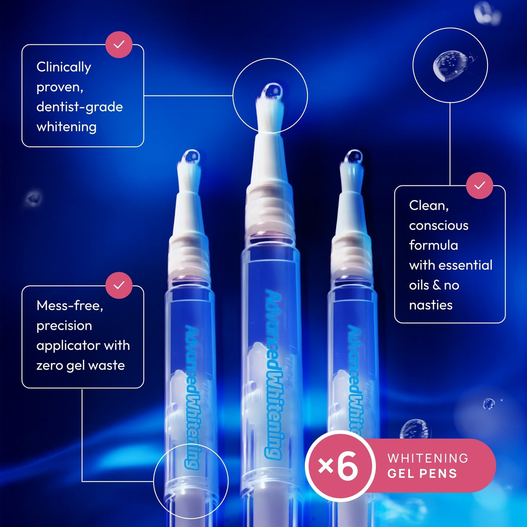 Six whitening gel pens with blue and white design on a dark blue background